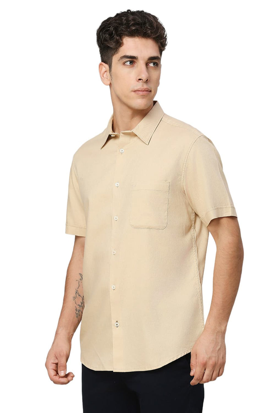 BASICS SLIM FIT SAND BEIGE COTTON DOBBY HALFSLEEVES SHIRT