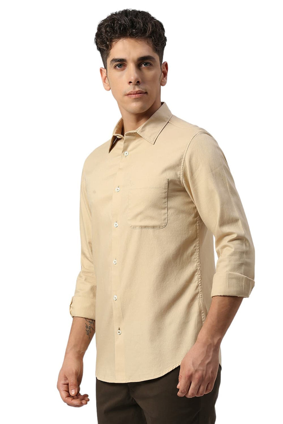 BASICS SLIM FIT SAND BEIGE COTTON DOBBY SHIRT