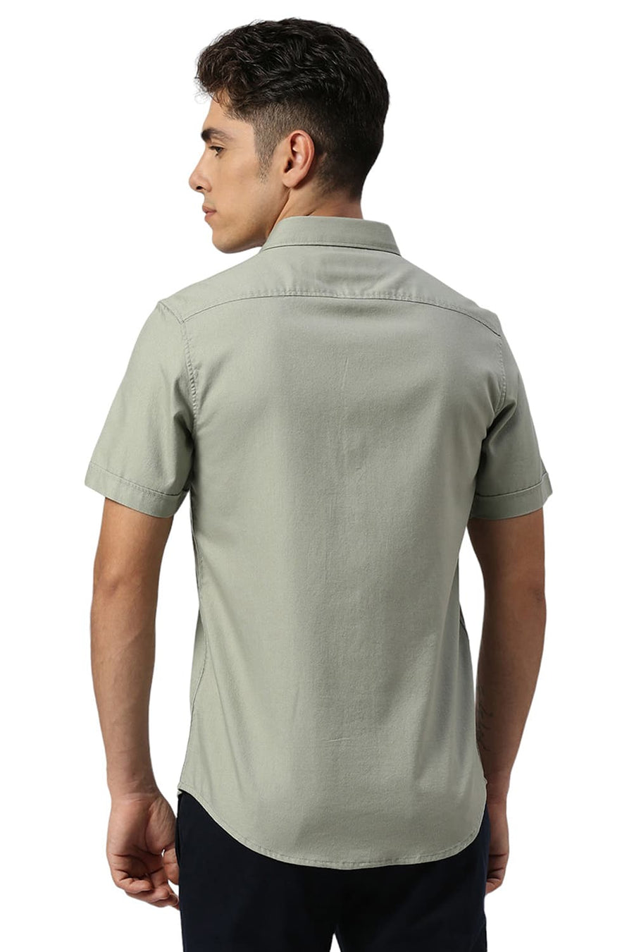 BASICS SLIM FIT SEAGRASS GREEN COTTON DOBBY HALFSLEEVES SHIRT