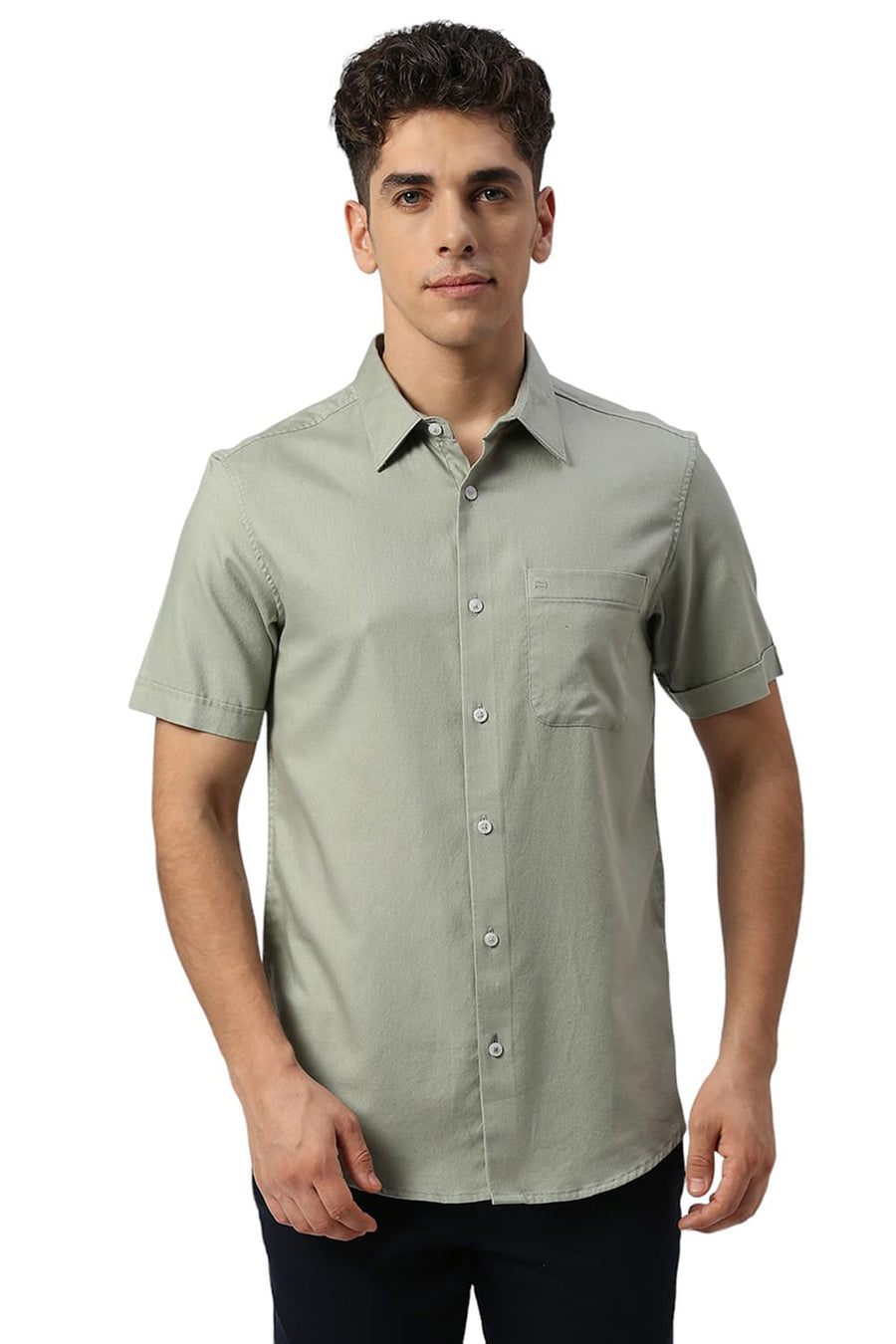 BASICS SLIM FIT SEAGRASS GREEN COTTON DOBBY HALFSLEEVES SHIRT