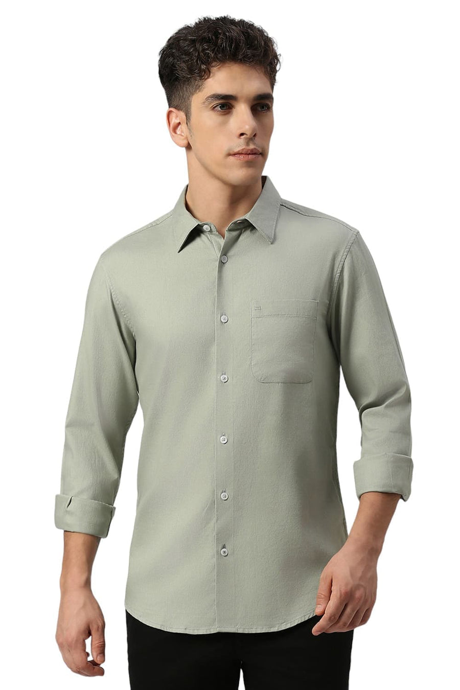 BASICS SLIM FIT SEAGRASS GREEN COTTON DOBBY SHIRT