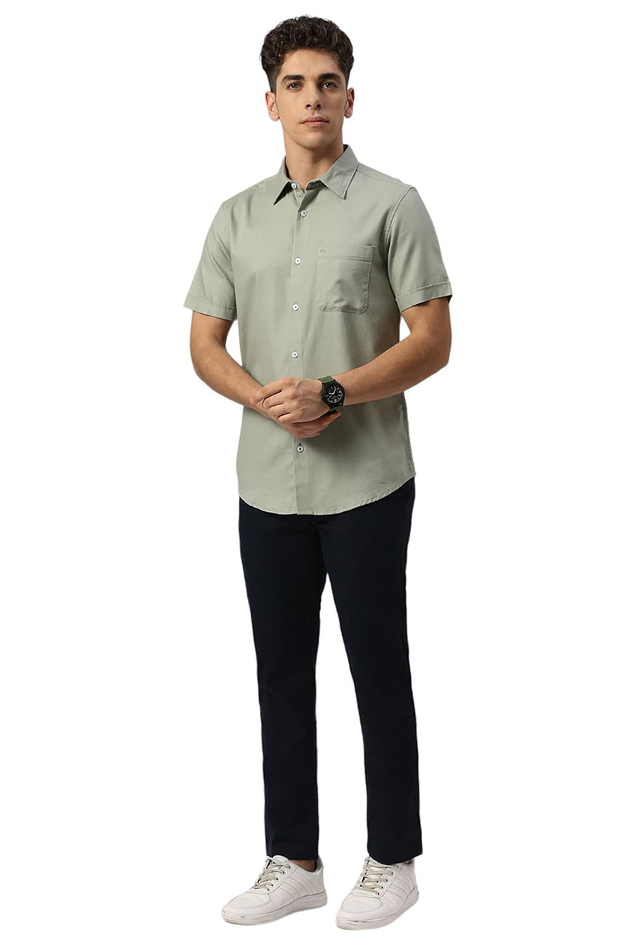 BASICS SLIM FIT SEAGRASS GREEN COTTON DOBBY HALFSLEEVES SHIRT