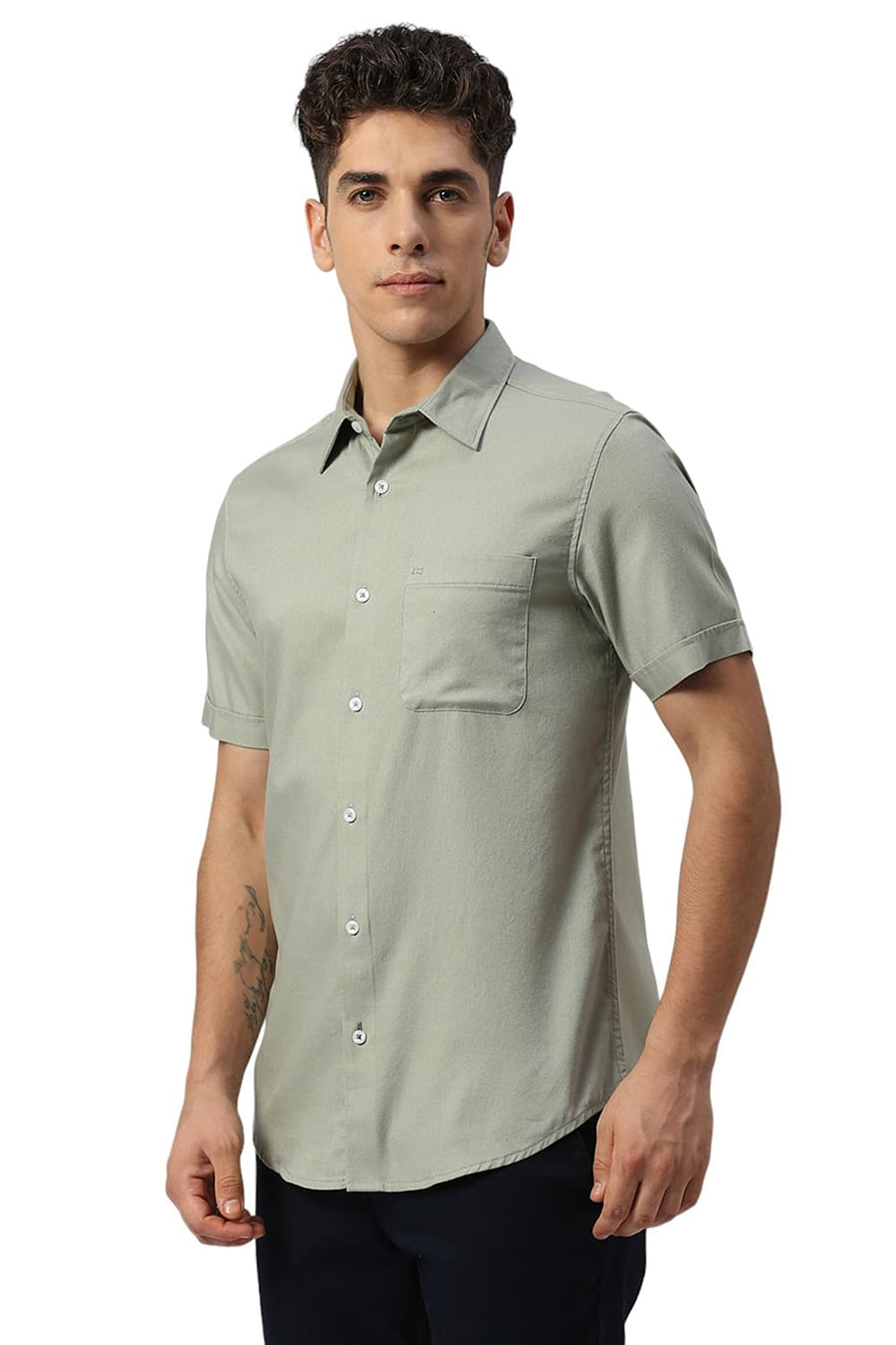 BASICS SLIM FIT SEAGRASS GREEN COTTON DOBBY HALFSLEEVES SHIRT