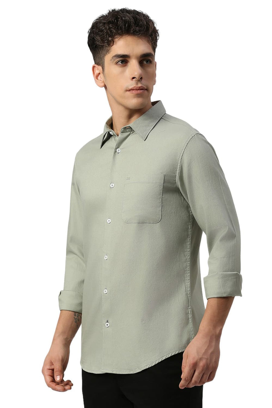 BASICS SLIM FIT SEAGRASS GREEN COTTON DOBBY SHIRT