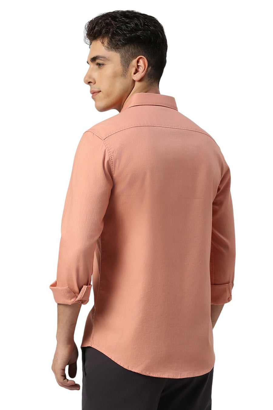 BASICS SLIM FIT SHRIMP PEACH COTTON DOBBY SHIRT