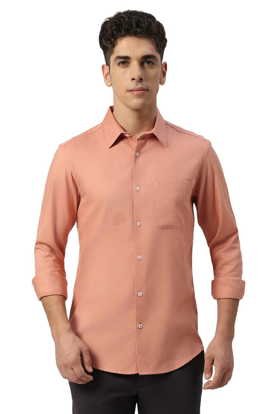 BASICS SLIM FIT SHRIMP PEACH COTTON DOBBY SHIRT