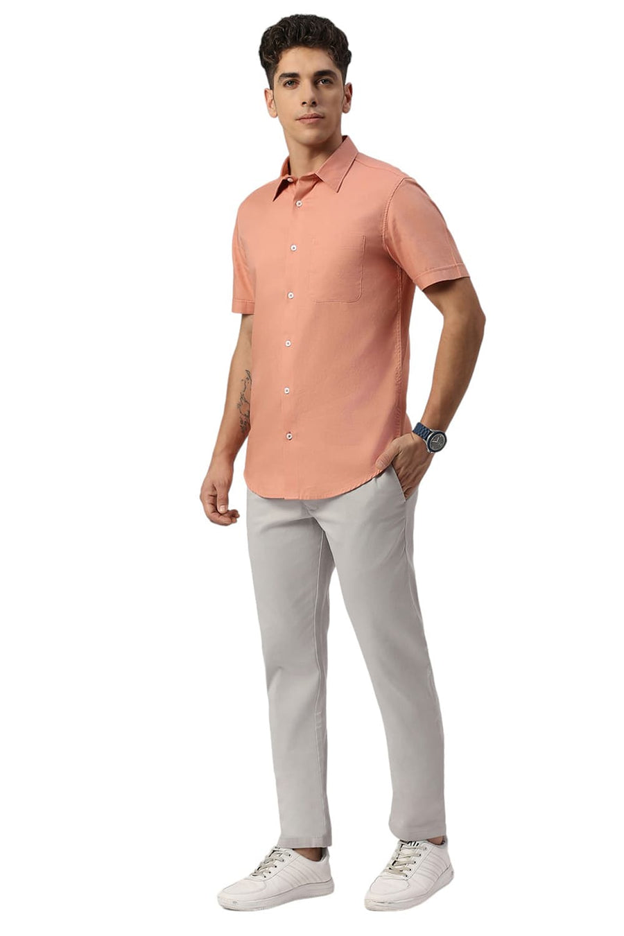 BASICS SLIM FIT SHRIMP PEACH COTTON DOBBY HALFSLEEVES SHIRT