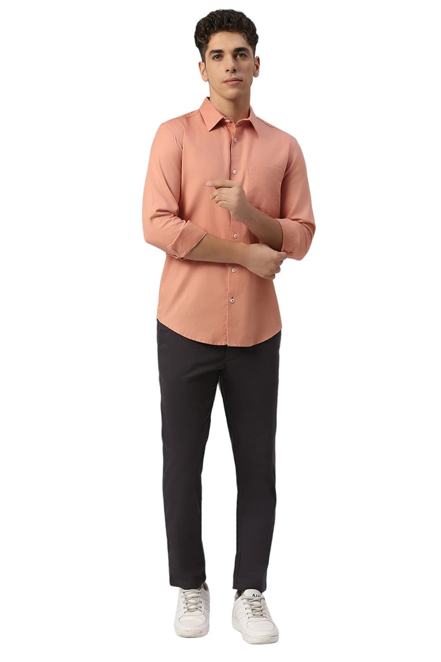 BASICS SLIM FIT SHRIMP PEACH COTTON DOBBY SHIRT