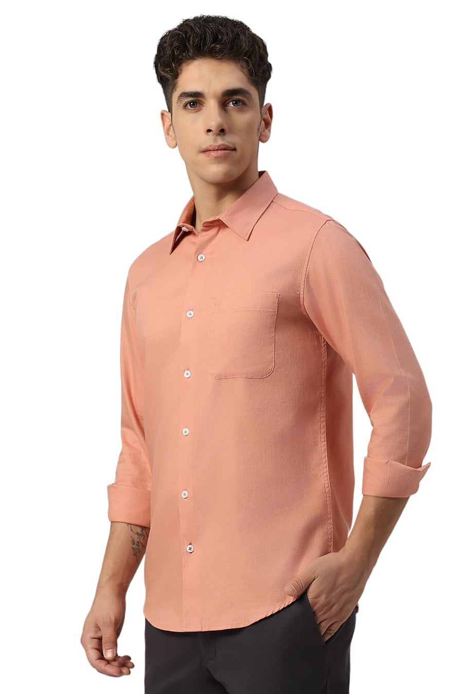 BASICS SLIM FIT SHRIMP PEACH COTTON DOBBY SHIRT