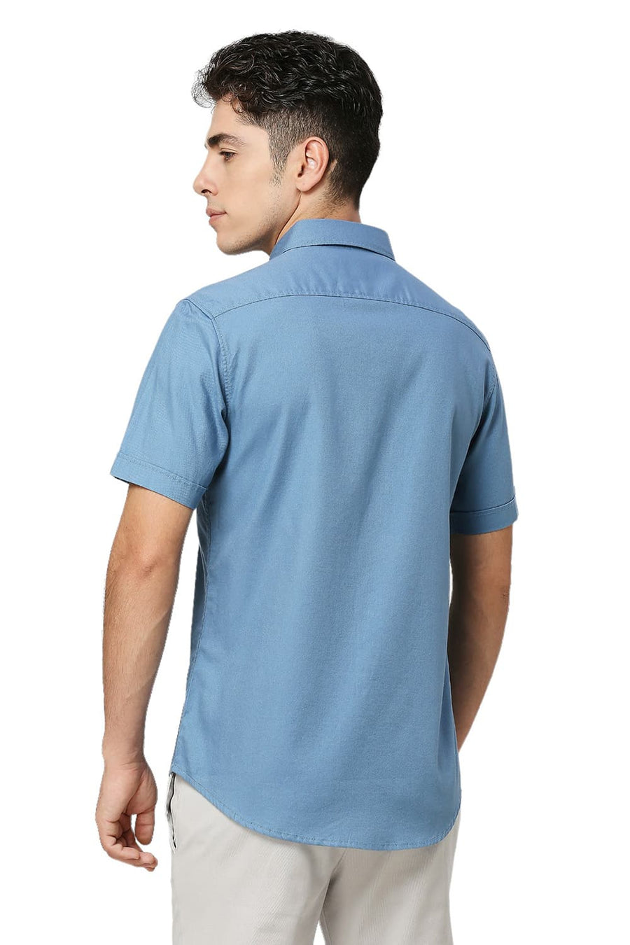 BASICS SLIM FIT CAPTAINS BLUE COTTON DOBBY HALFSLEEVES SHIRT