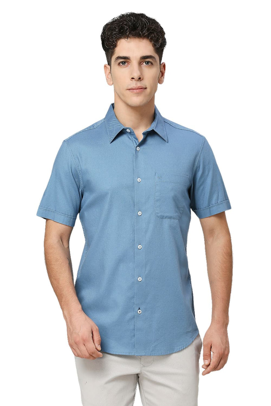 BASICS SLIM FIT CAPTAINS BLUE COTTON DOBBY HALFSLEEVES SHIRT