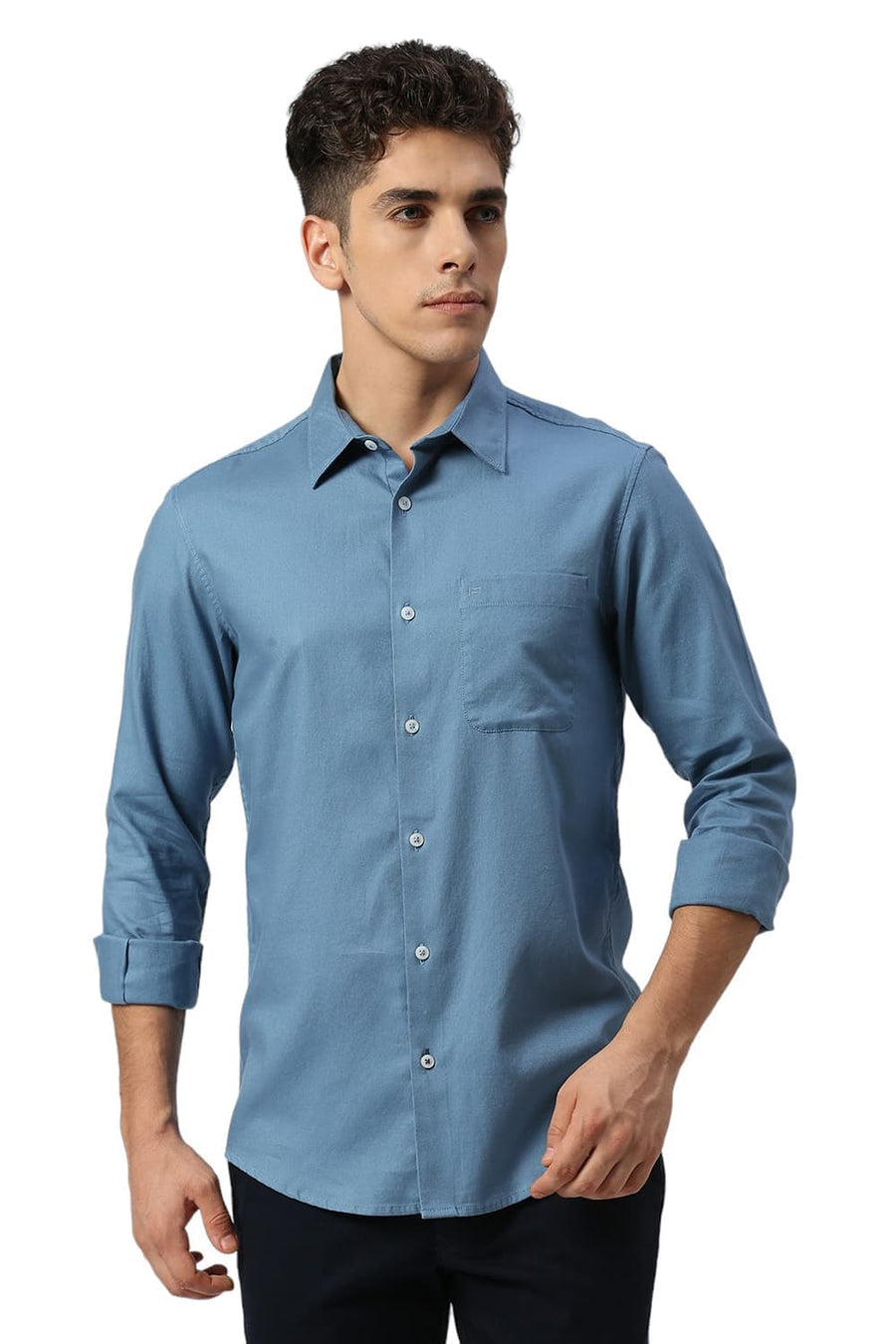 BASICS SLIM FIT CAPTAINS BLUE COTTON DOBBY SHIRT