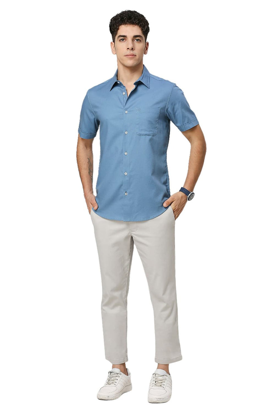 BASICS SLIM FIT CAPTAINS BLUE COTTON DOBBY HALFSLEEVES SHIRT
