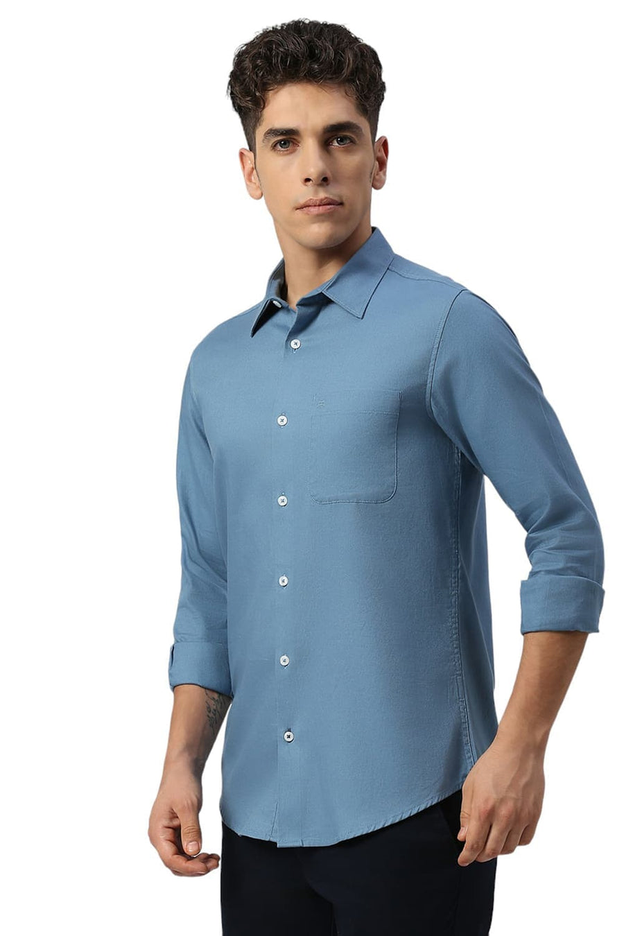 BASICS SLIM FIT CAPTAINS BLUE COTTON DOBBY SHIRT
