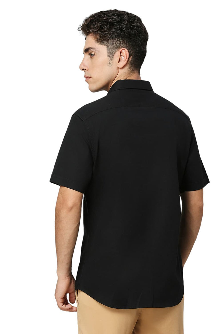 BASICS SLIM FIT PIRATE BLACK COTON SLUB TWILL HALFSLEEVES SHIRT