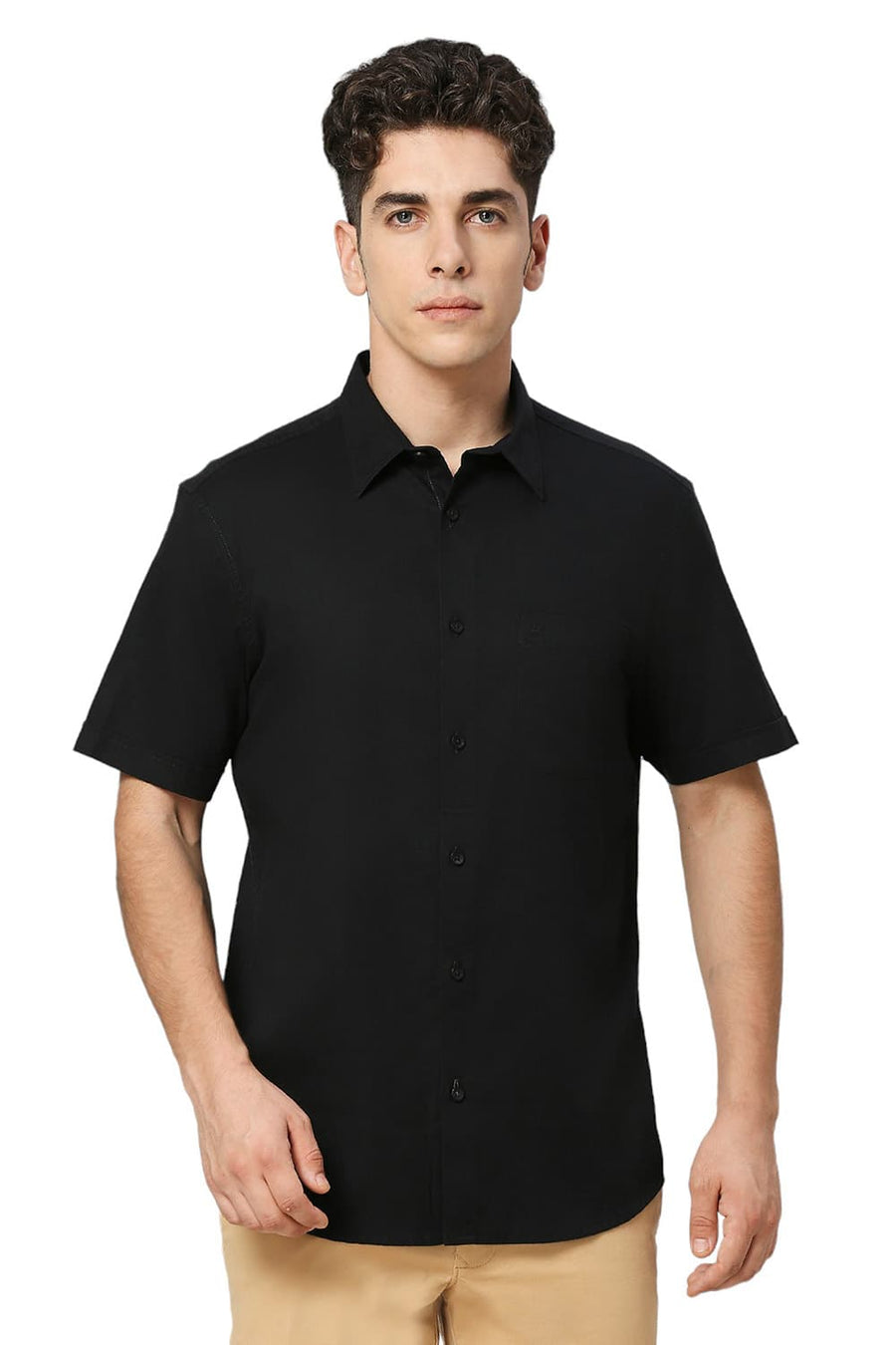 BASICS SLIM FIT PIRATE BLACK COTON SLUB TWILL HALFSLEEVES SHIRT