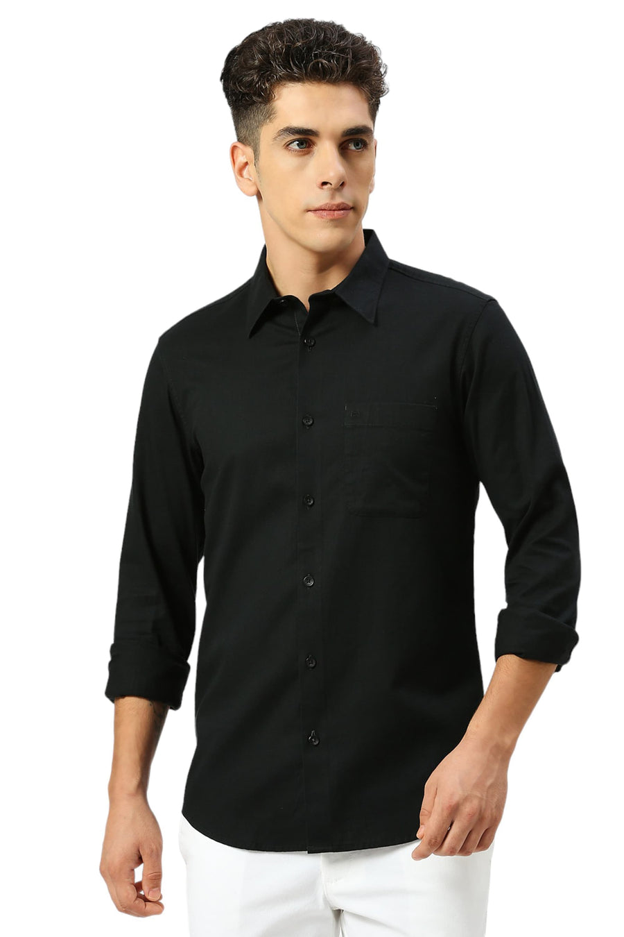 BASICS SLIM FIT PIRATE BLACK COTON SLUB TWILL SHIRT