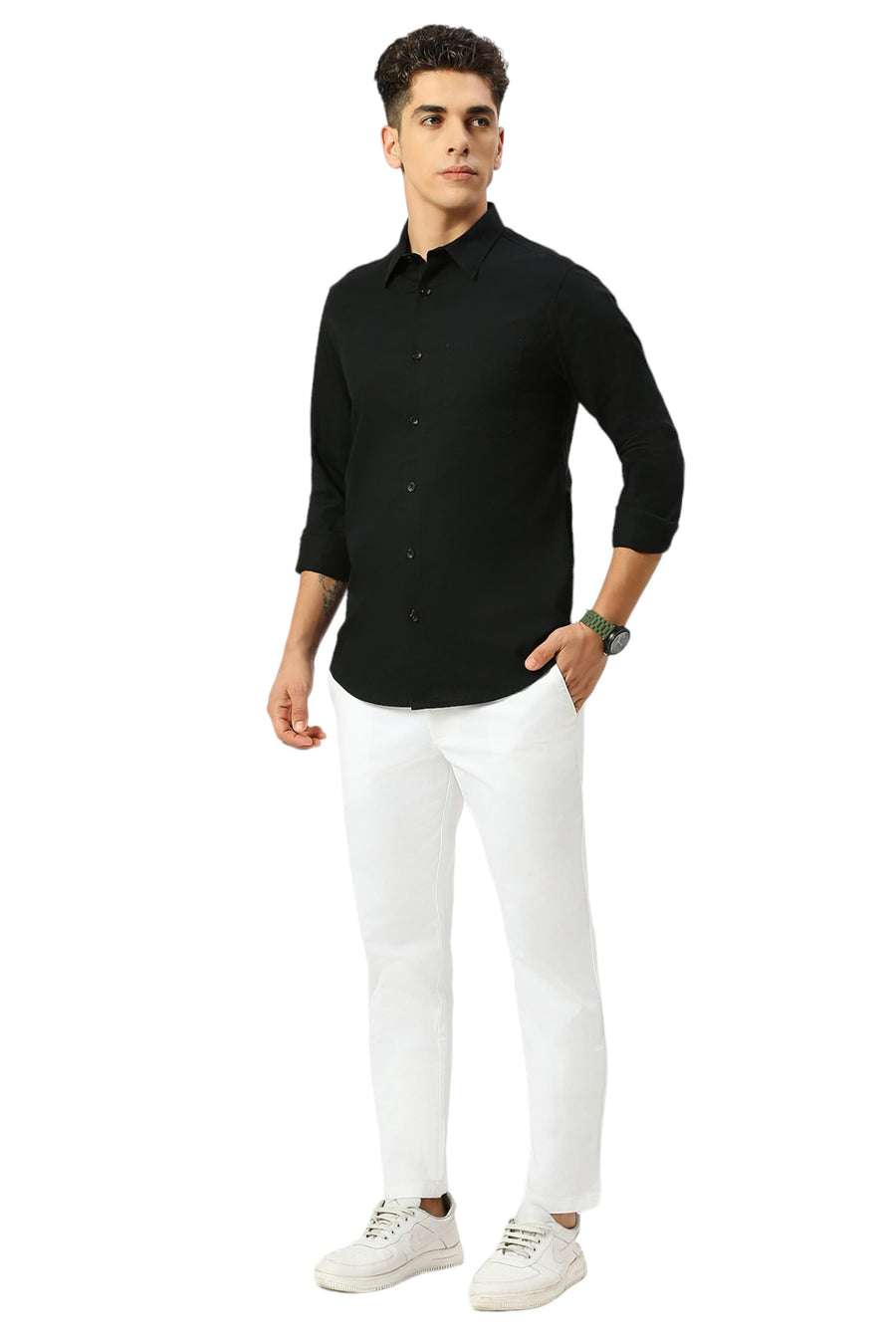 BASICS SLIM FIT PIRATE BLACK COTON SLUB TWILL SHIRT