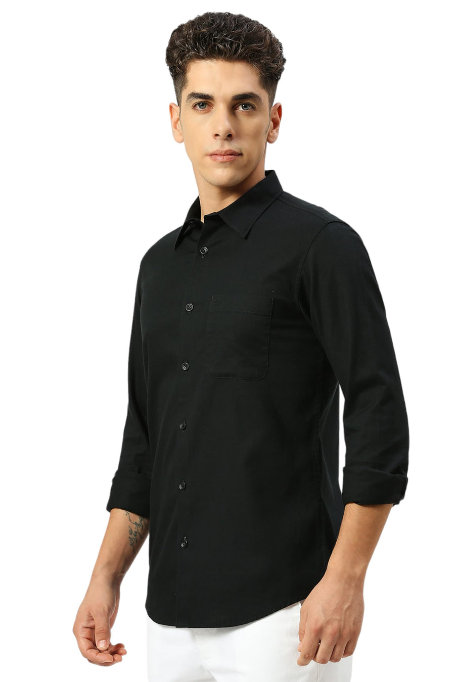 BASICS SLIM FIT PIRATE BLACK COTON SLUB TWILL SHIRT