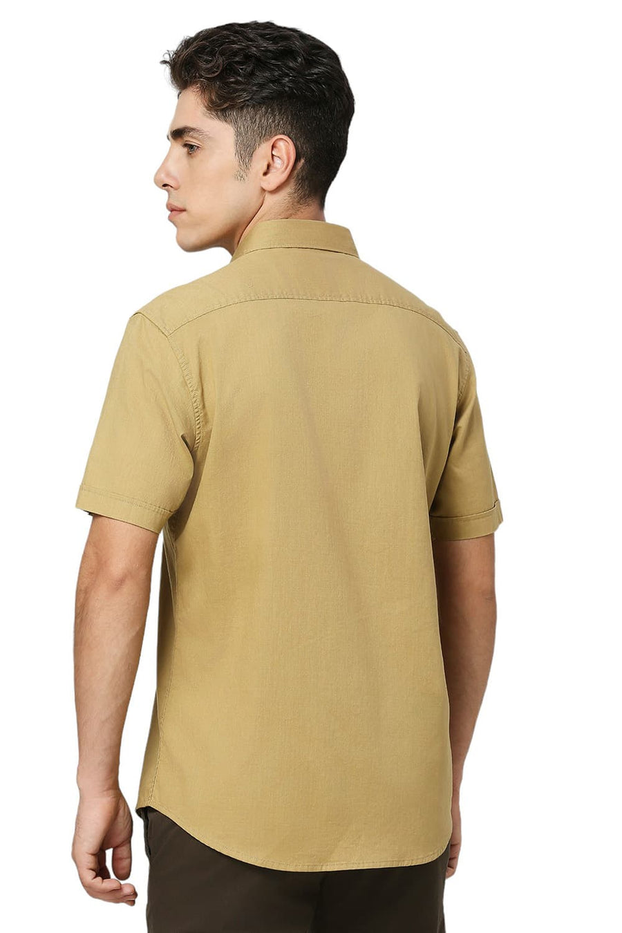 BASICS SLIM FIT FENNEL KHAKI COTON SLUB TWILL HALFSLEEVES SHIRT