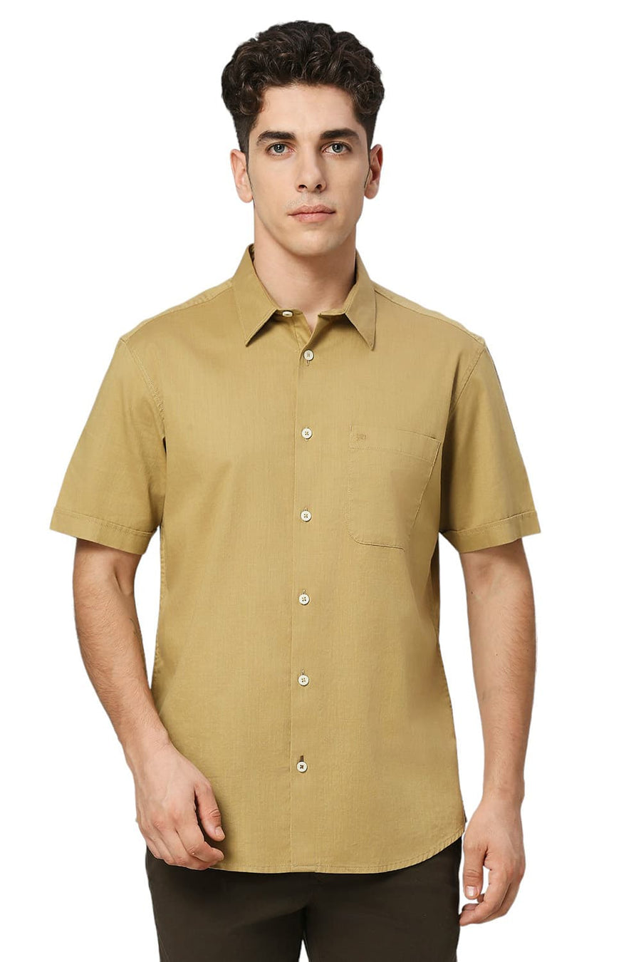 BASICS SLIM FIT FENNEL KHAKI COTON SLUB TWILL HALFSLEEVES SHIRT