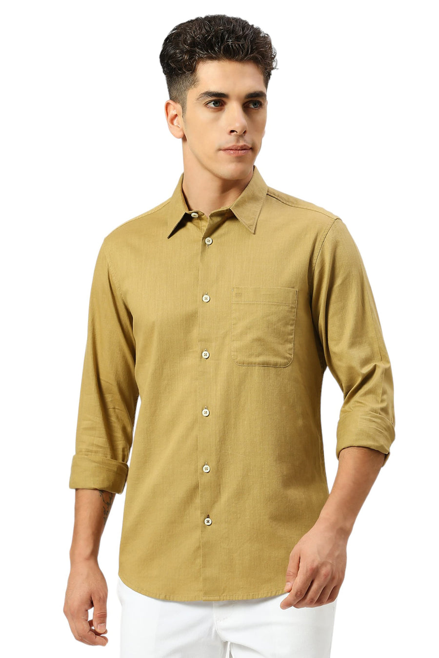 BASICS SLIM FIT FENNEL KHAKI COTON SLUB TWILL SHIRT