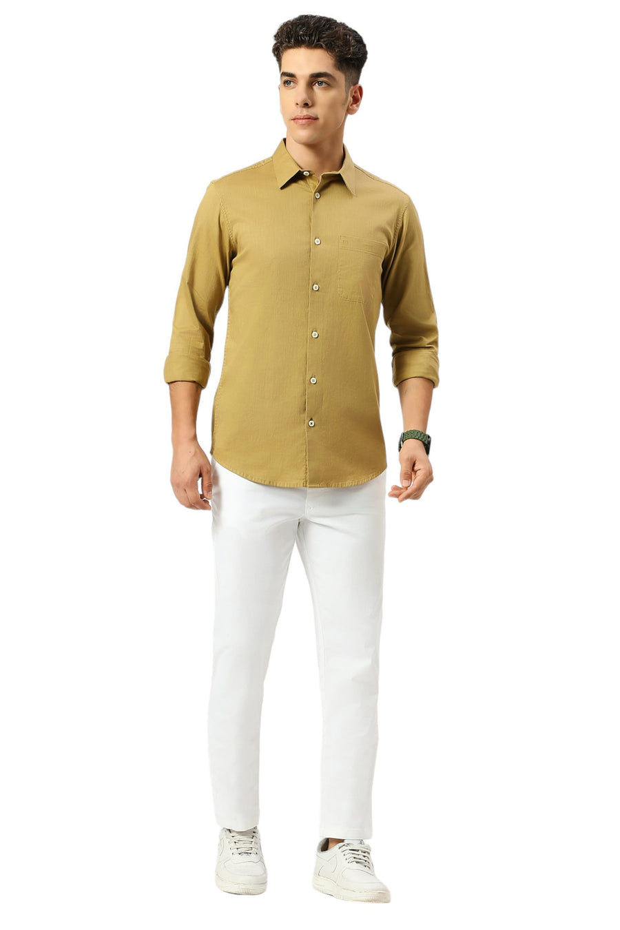 BASICS SLIM FIT FENNEL KHAKI COTON SLUB TWILL SHIRT