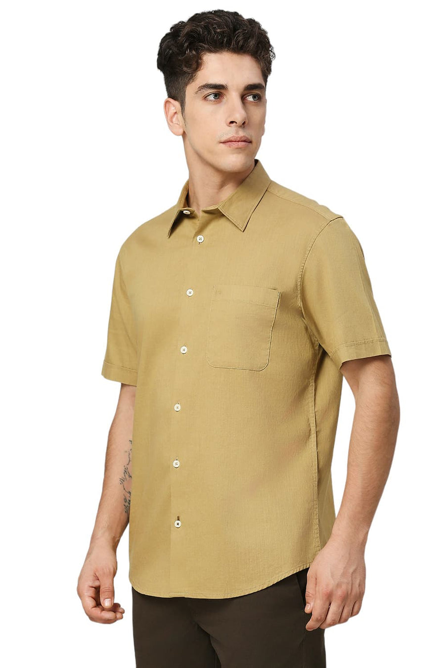 BASICS SLIM FIT FENNEL KHAKI COTON SLUB TWILL HALFSLEEVES SHIRT