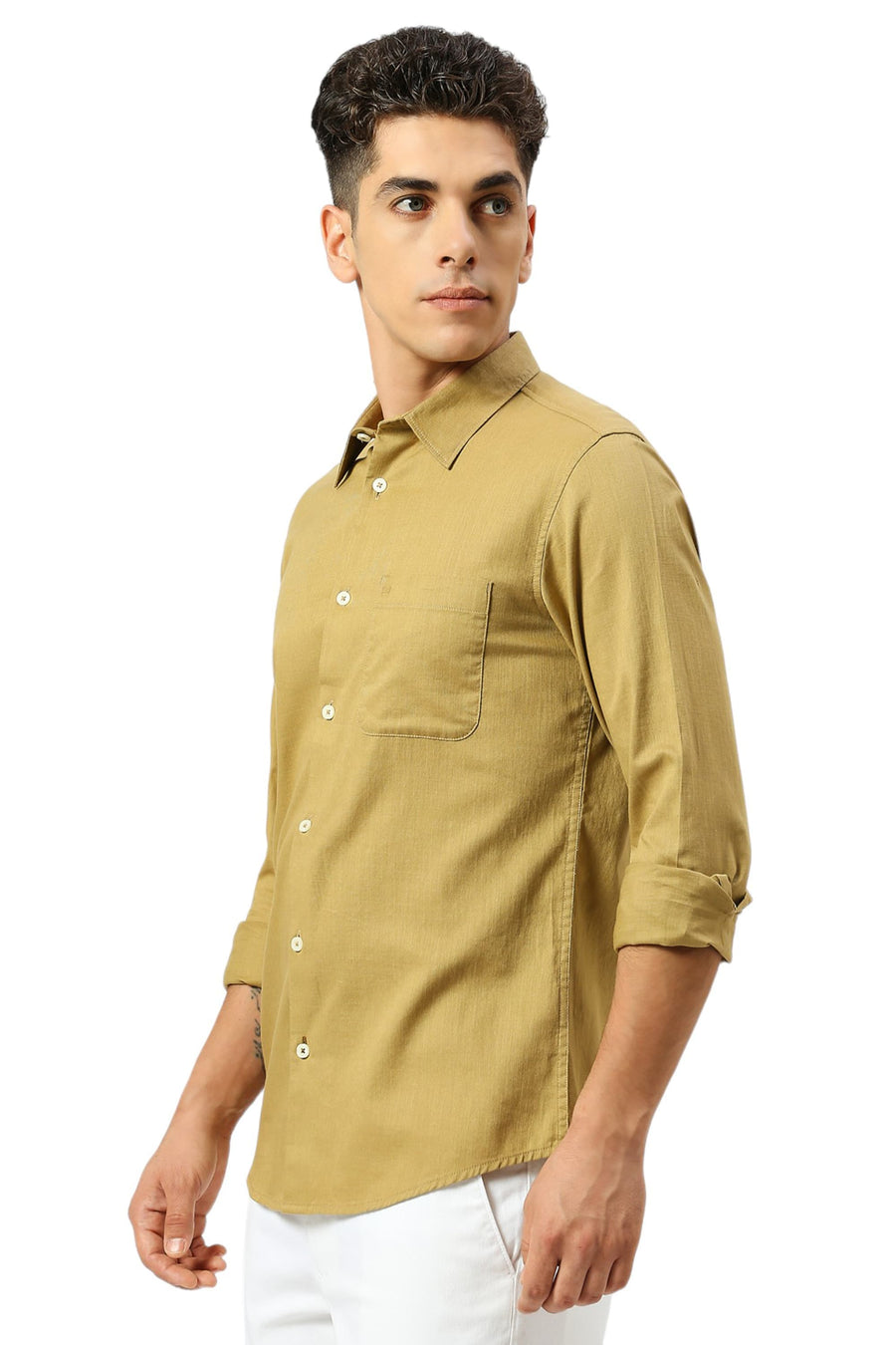 BASICS SLIM FIT FENNEL KHAKI COTON SLUB TWILL SHIRT