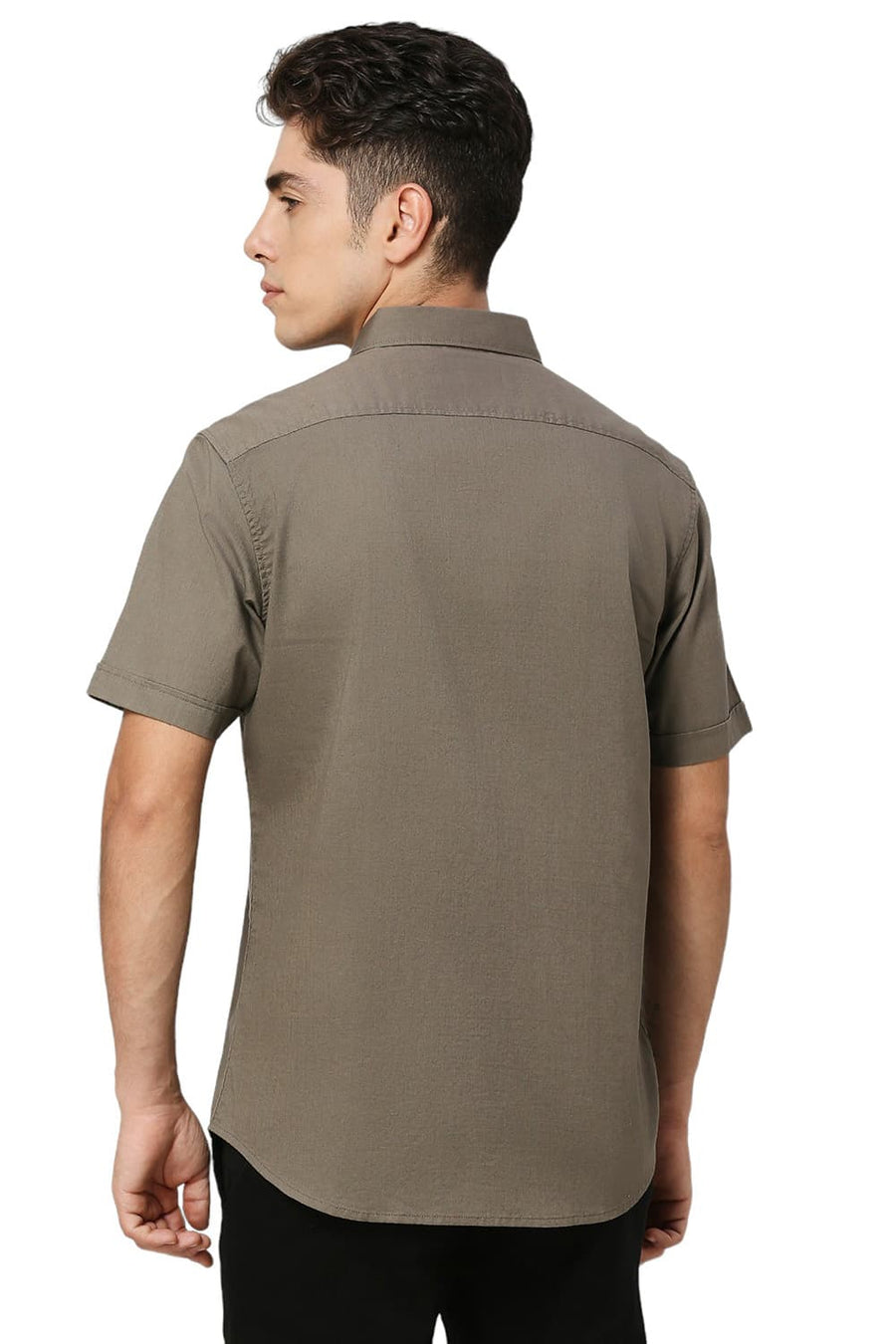 BASICS SLIM FIT OLIVE OAK COTON SLUB TWILL HALFSLEEVES SHIRT