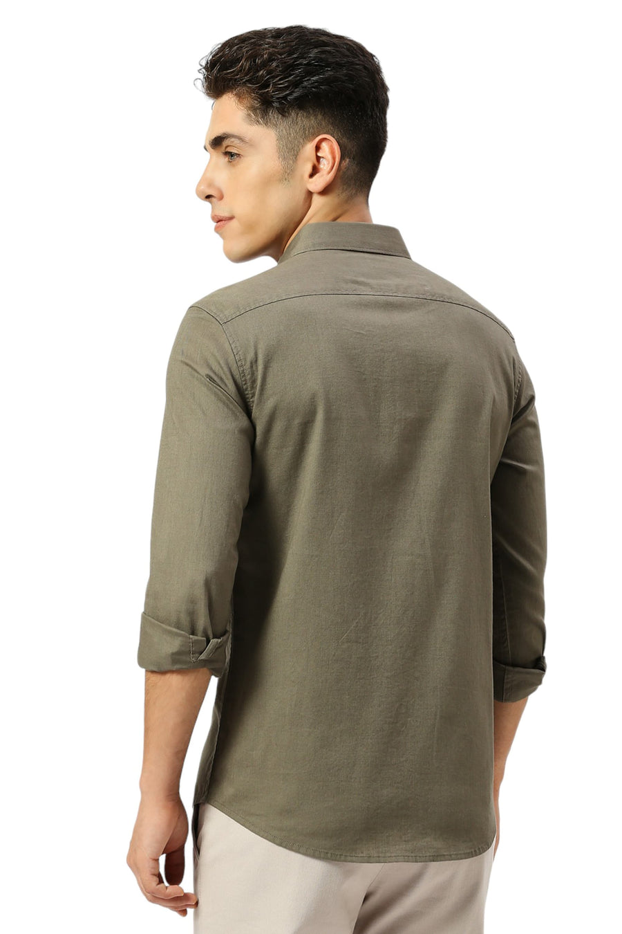 BASICS SLIM FIT OLIVE OAK COTON SLUB TWILL SHIRT