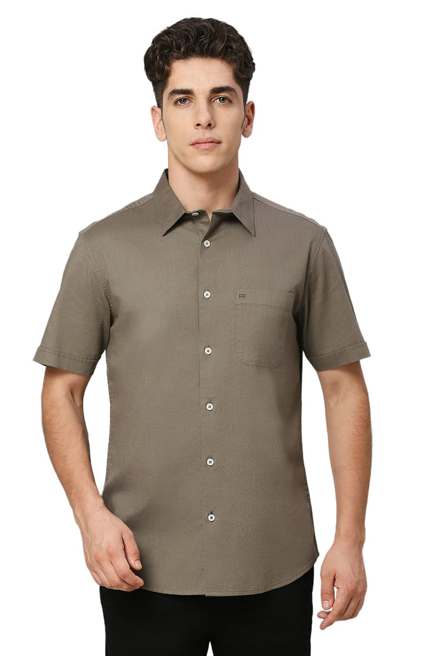BASICS SLIM FIT OLIVE OAK COTON SLUB TWILL HALFSLEEVES SHIRT