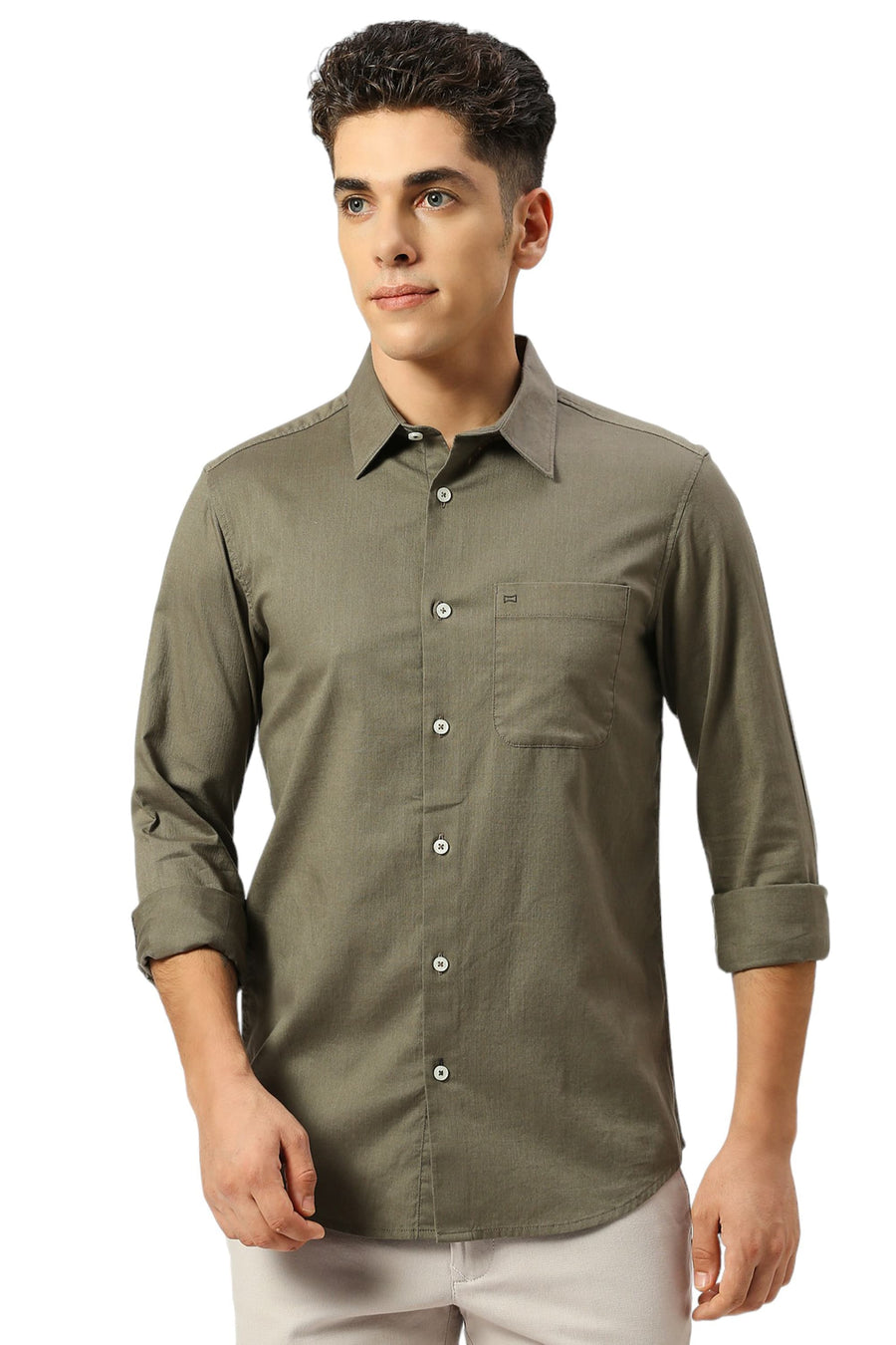 BASICS SLIM FIT OLIVE OAK COTON SLUB TWILL SHIRT
