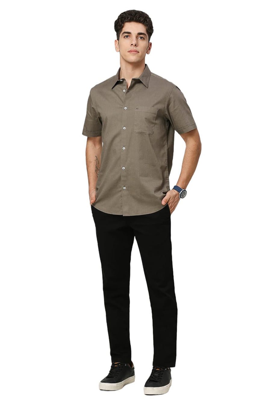 BASICS SLIM FIT OLIVE OAK COTON SLUB TWILL HALFSLEEVES SHIRT