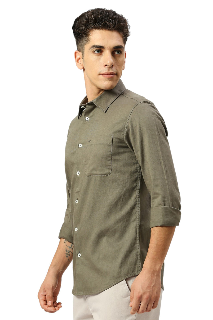 BASICS SLIM FIT OLIVE OAK COTON SLUB TWILL SHIRT