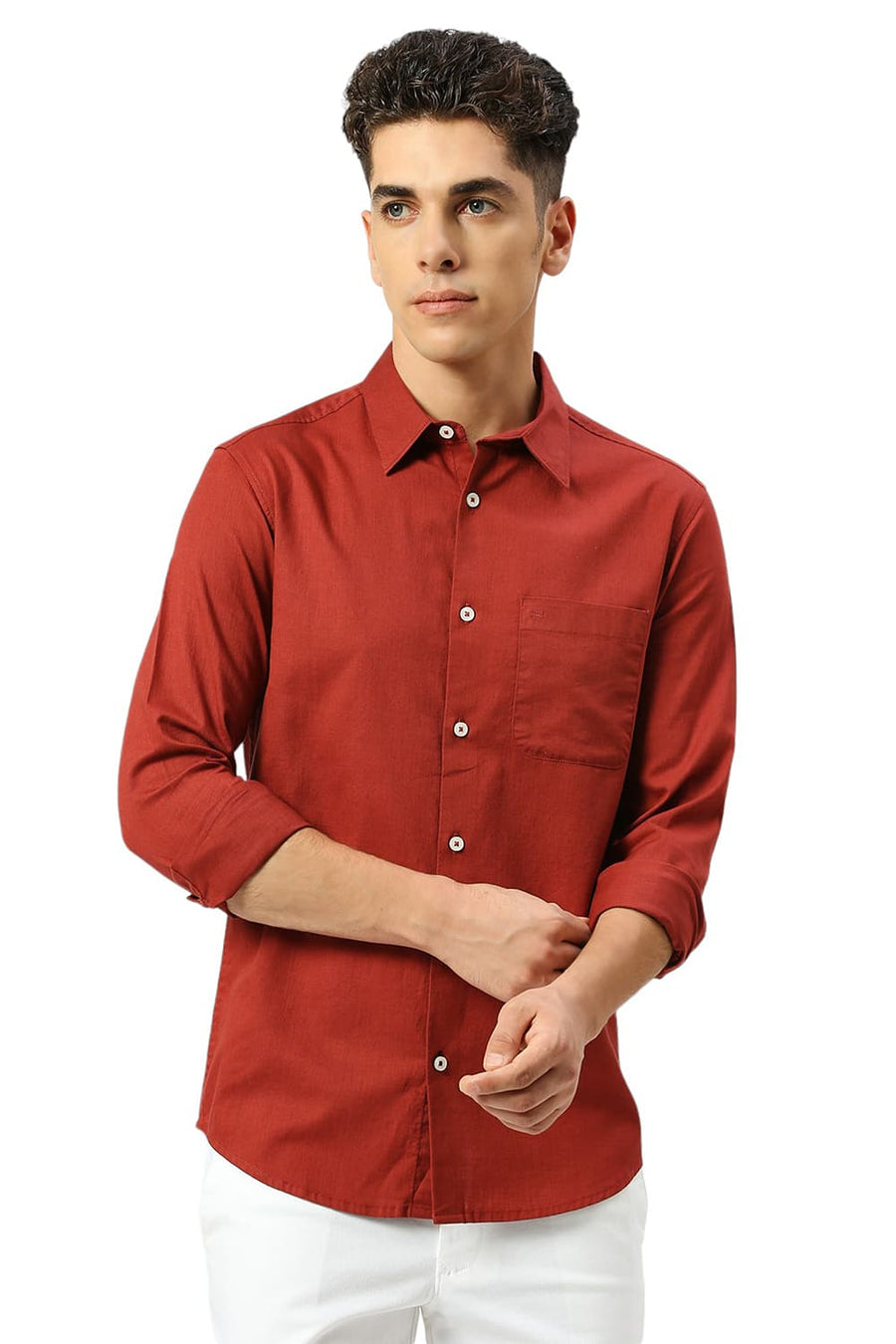 BASICS SLIM FIT CARDINAL RED COTON SLUB TWILL SHIRT