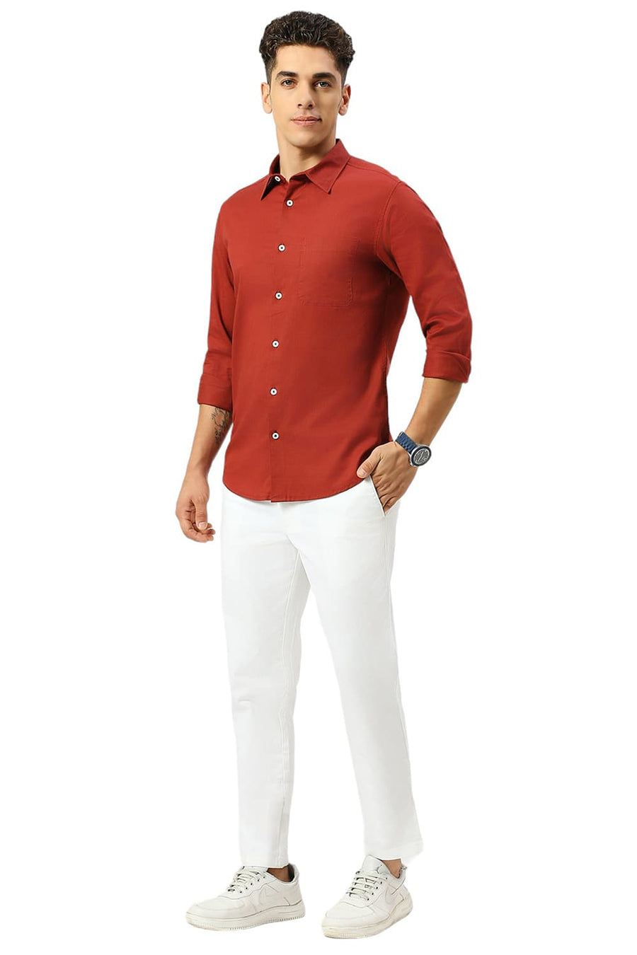 BASICS SLIM FIT CARDINAL RED COTON SLUB TWILL SHIRT
