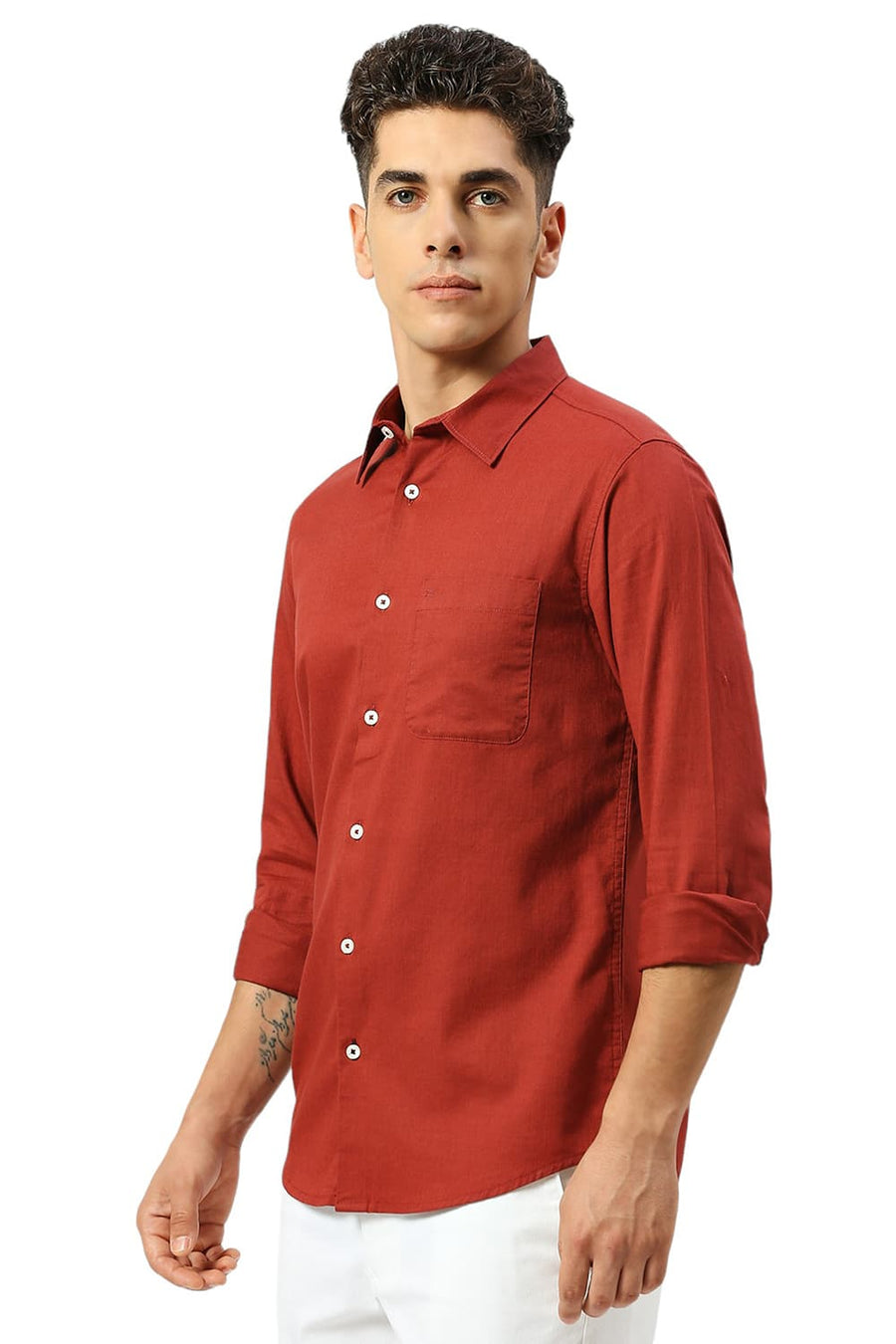BASICS SLIM FIT CARDINAL RED COTON SLUB TWILL SHIRT