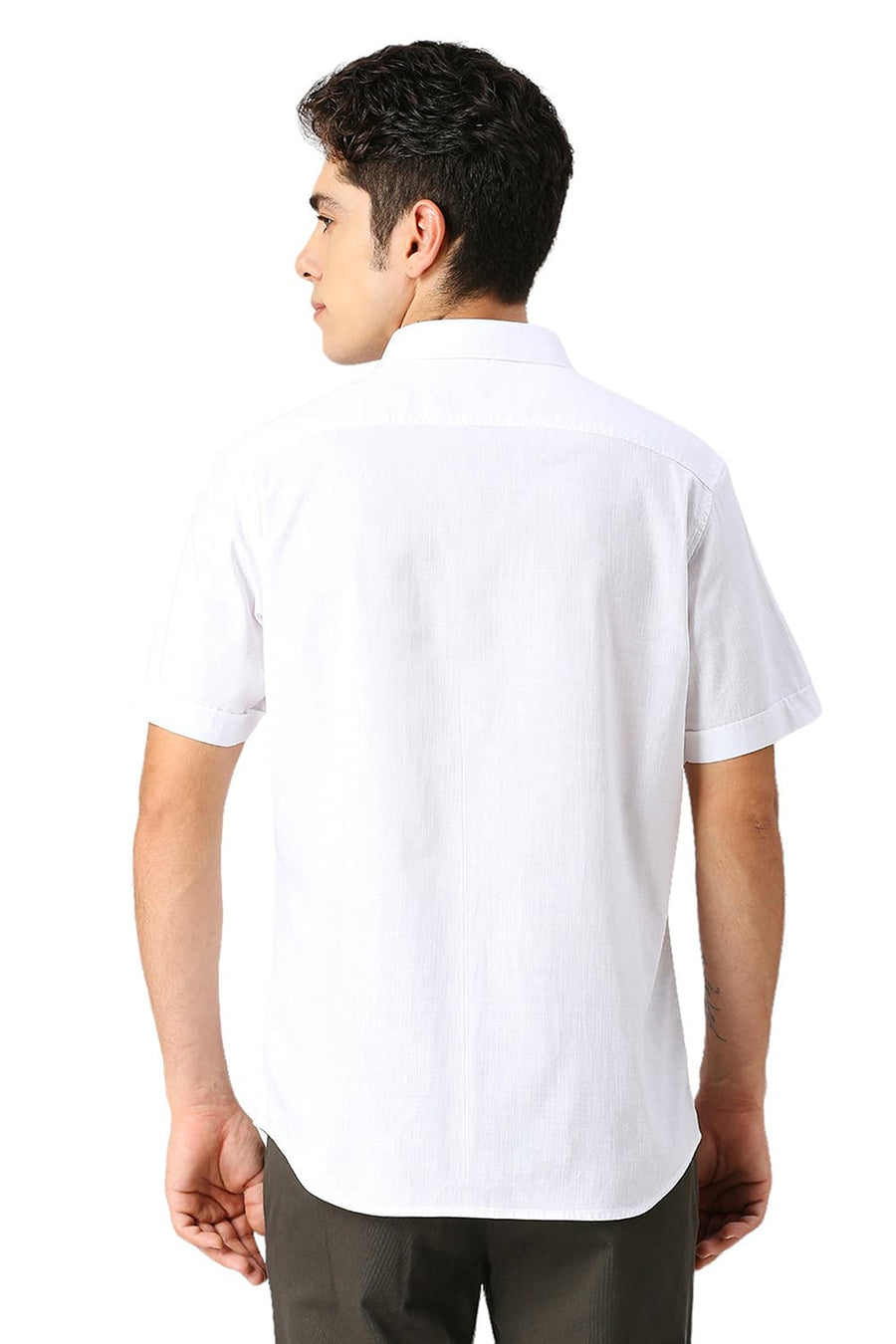 BASICS SLIM FIT BLANC WHITE COTON SLUB TWILL HALFSLEEVES SHIRT