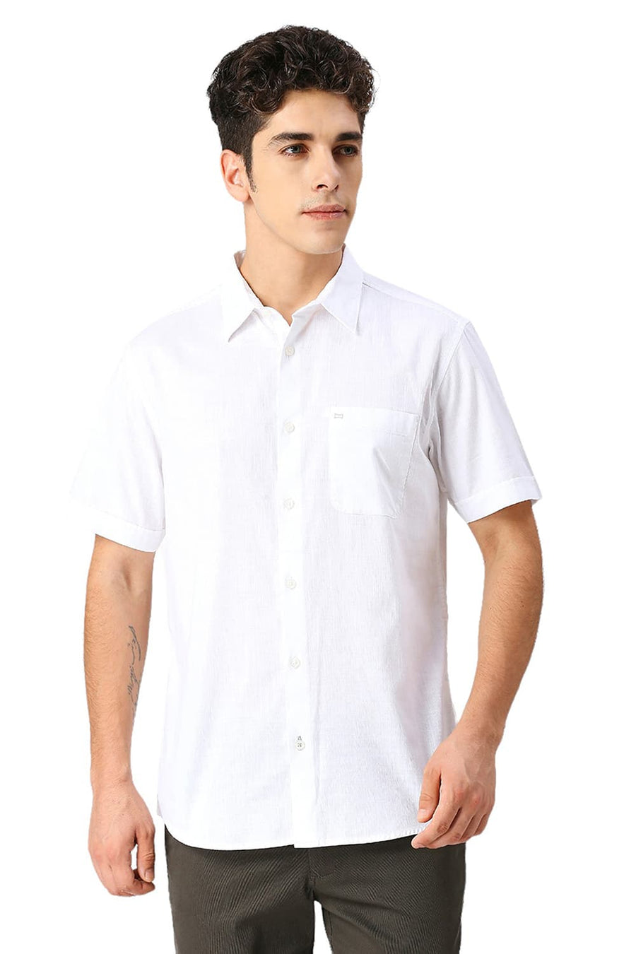 BASICS SLIM FIT BLANC WHITE COTON SLUB TWILL HALFSLEEVES SHIRT