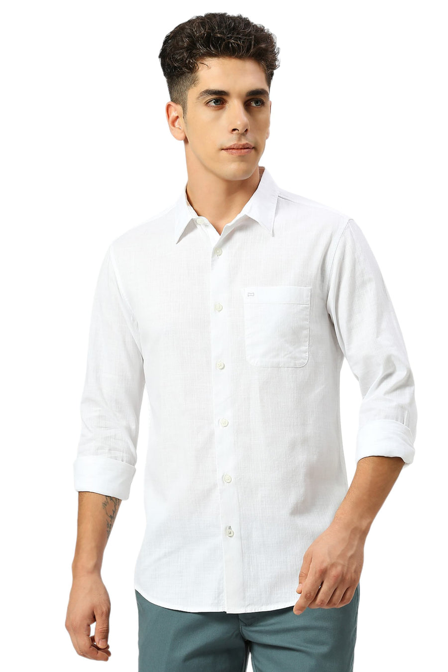BASICS SLIM FIT BLANC WHITE COTON SLUB TWILL SHIRT
