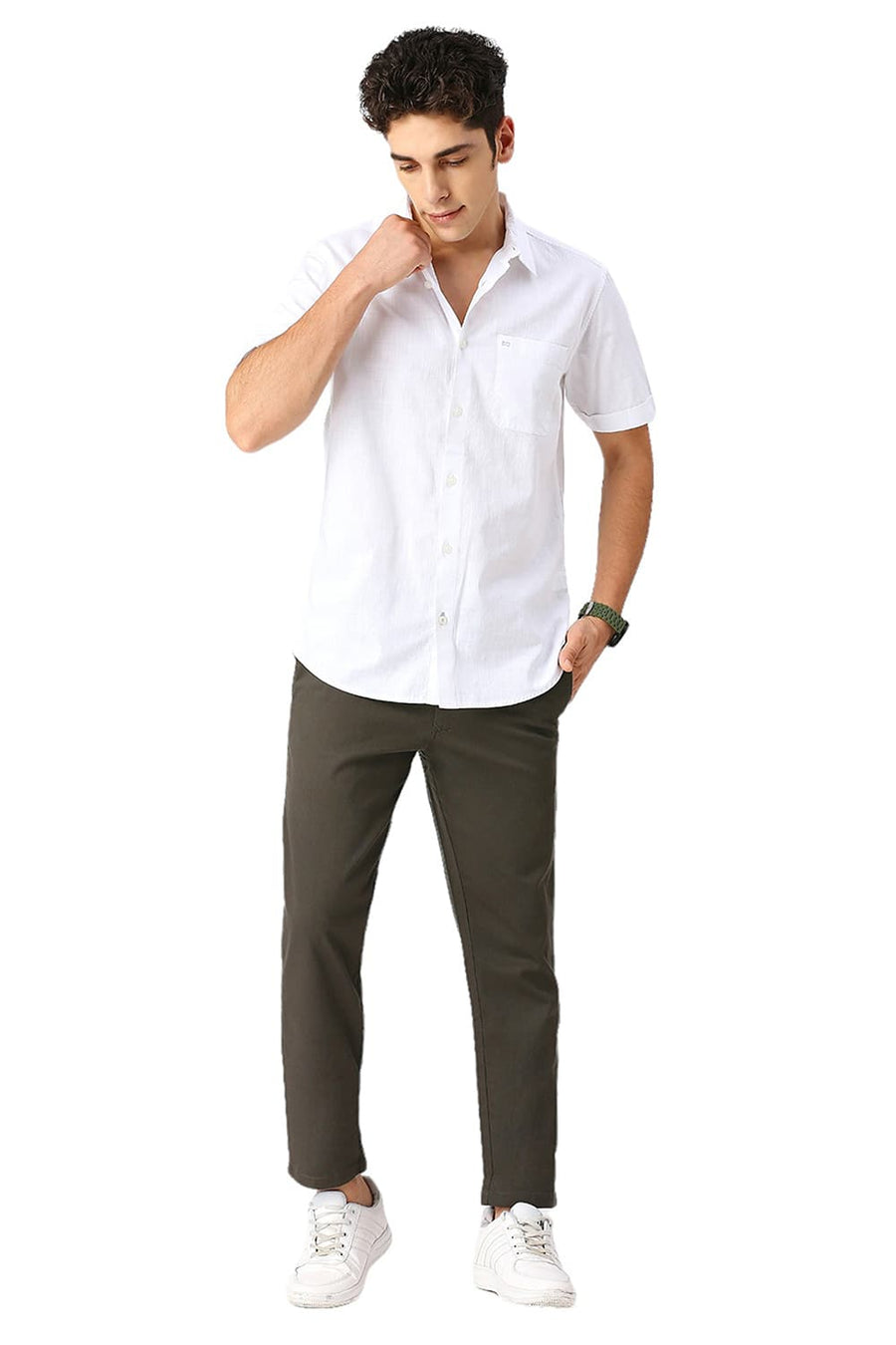 BASICS SLIM FIT BLANC WHITE COTON SLUB TWILL HALFSLEEVES SHIRT