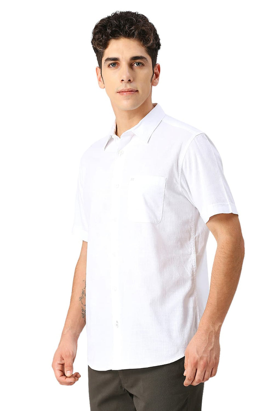 BASICS SLIM FIT BLANC WHITE COTON SLUB TWILL HALFSLEEVES SHIRT