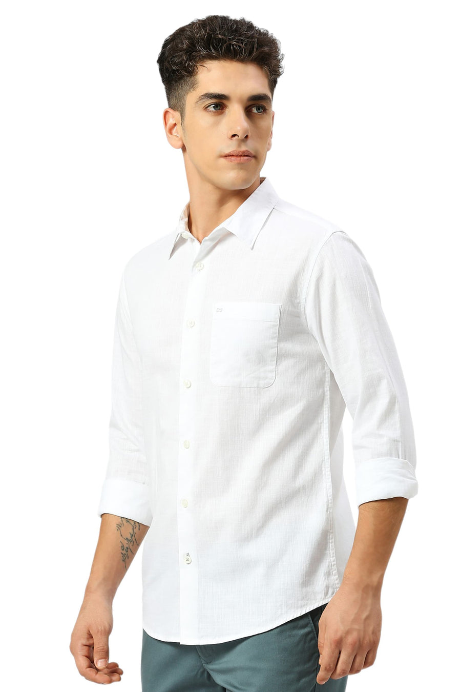 BASICS SLIM FIT BLANC WHITE COTON SLUB TWILL SHIRT