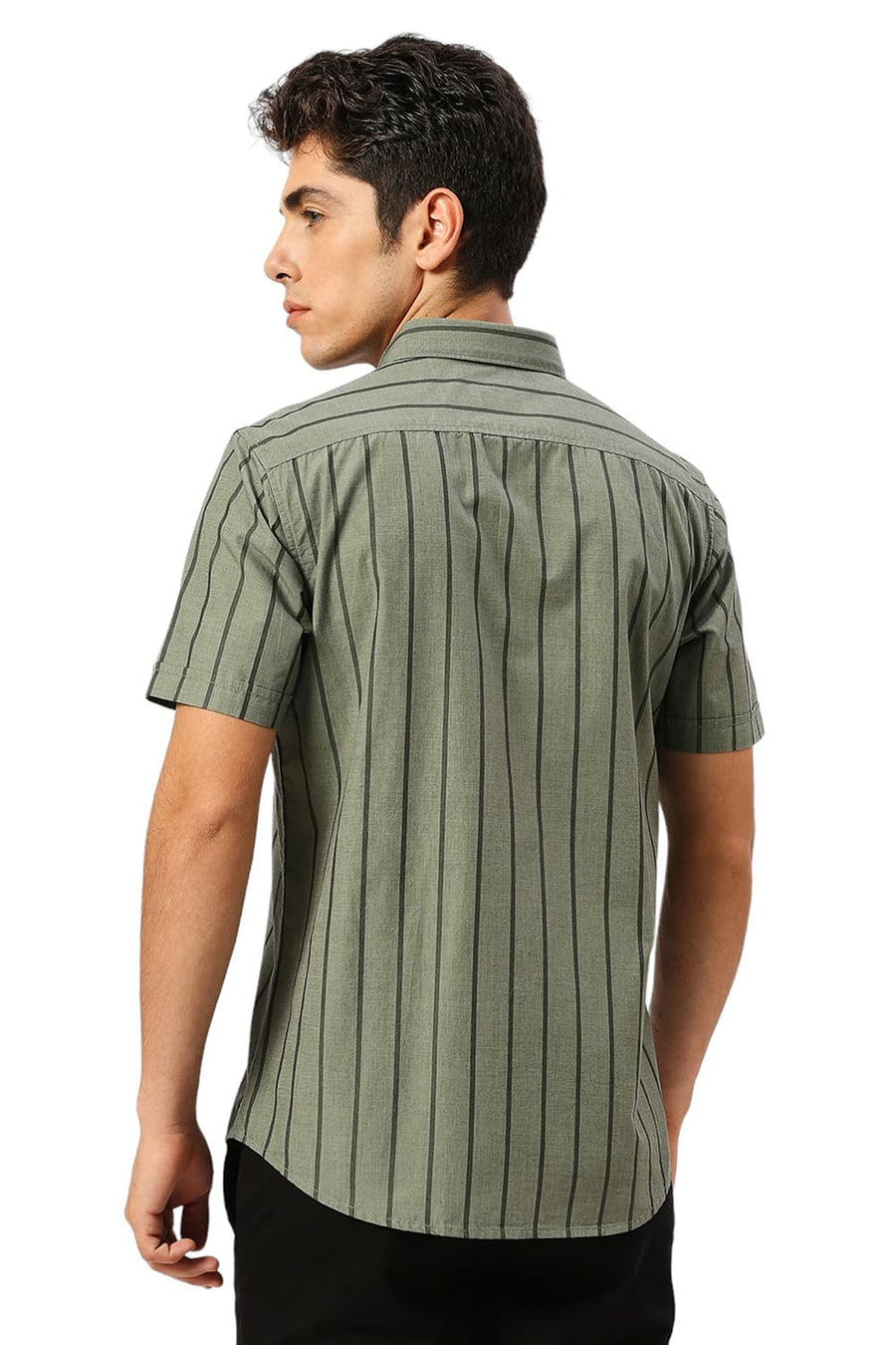 BASICS SLIM FIT SLATE OLIVE COTTON FIL-A-FIL STRIPE HALFSLEEVES SHIRT
