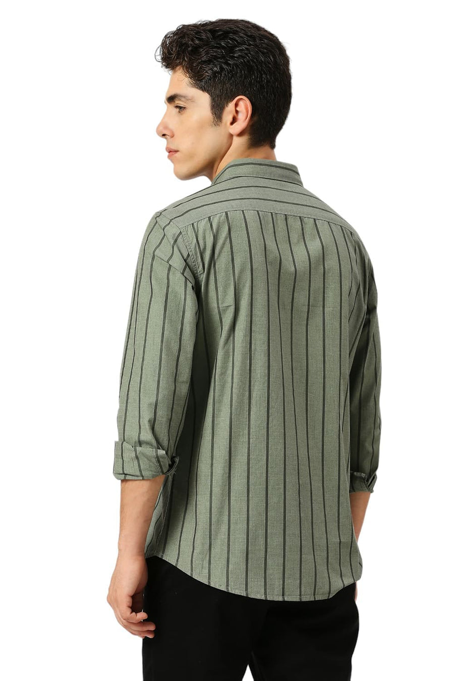 BASICS SLIM FIT SLATE OLIVE COTTON FIL-A-FIL STRIPE SHIRT