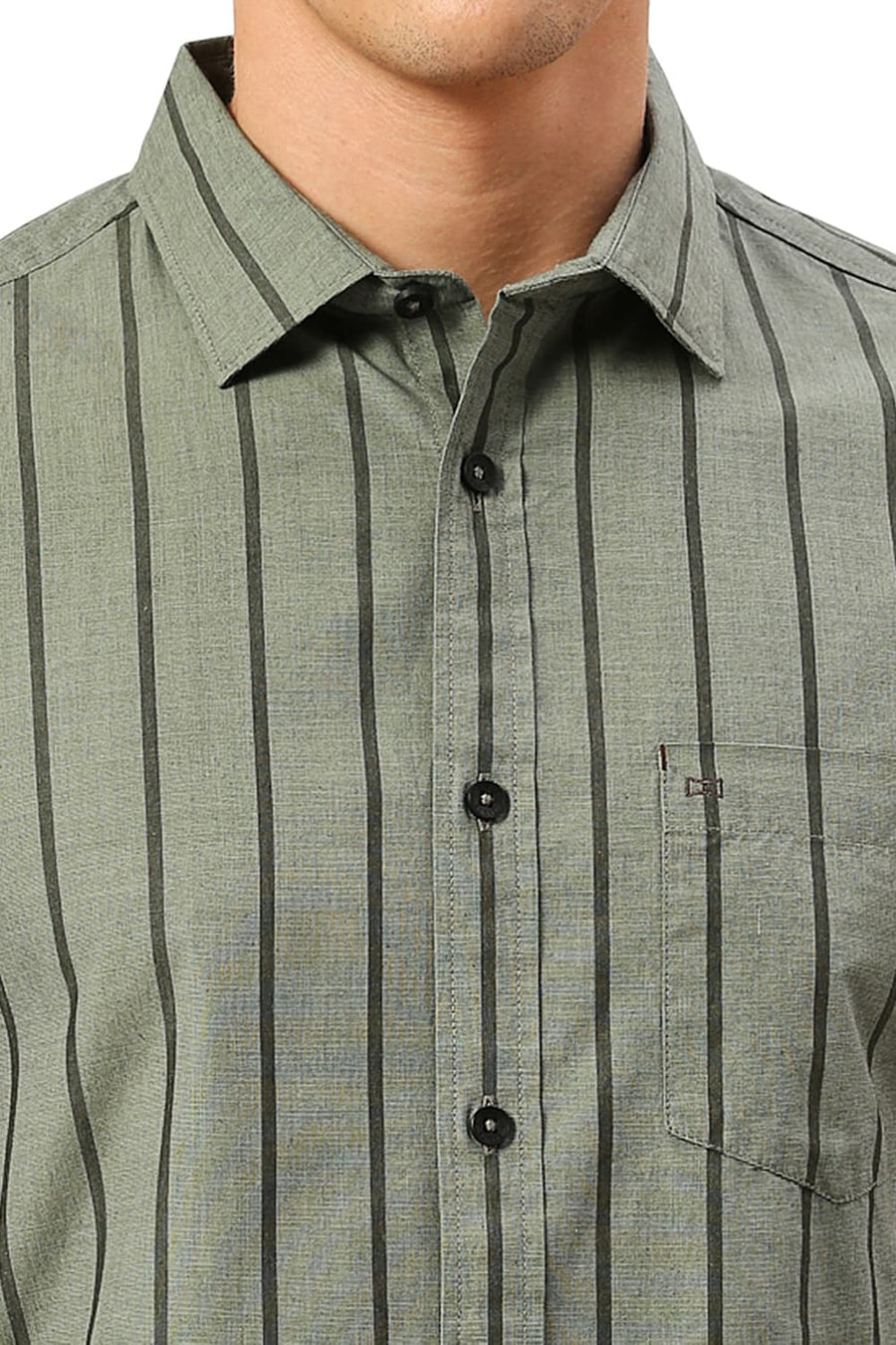 BASICS SLIM FIT SLATE OLIVE COTTON FIL-A-FIL STRIPE HALFSLEEVES SHIRT