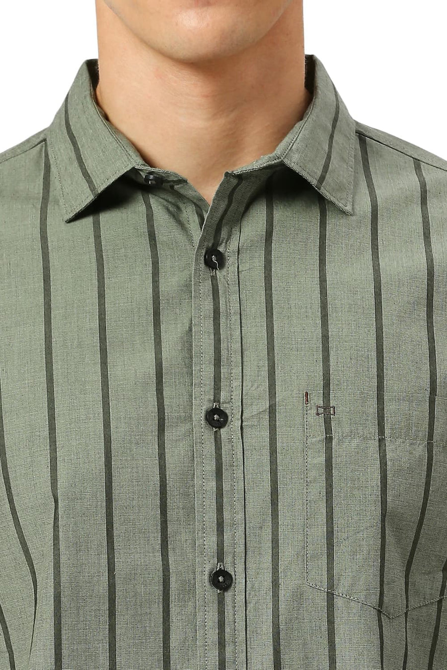 BASICS SLIM FIT SLATE OLIVE COTTON FIL-A-FIL STRIPE SHIRT