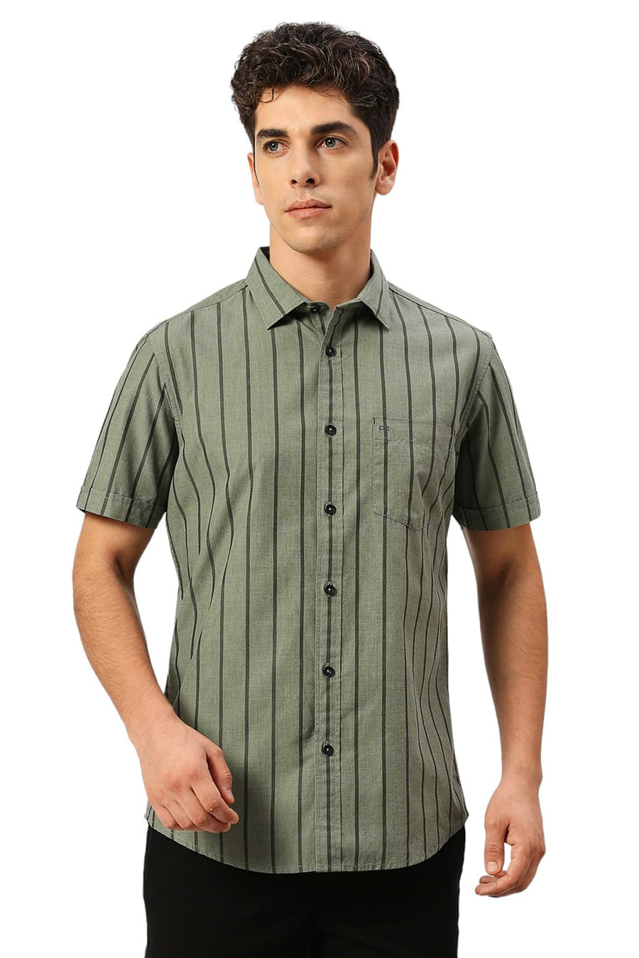 BASICS SLIM FIT SLATE OLIVE COTTON FIL-A-FIL STRIPE HALFSLEEVES SHIRT