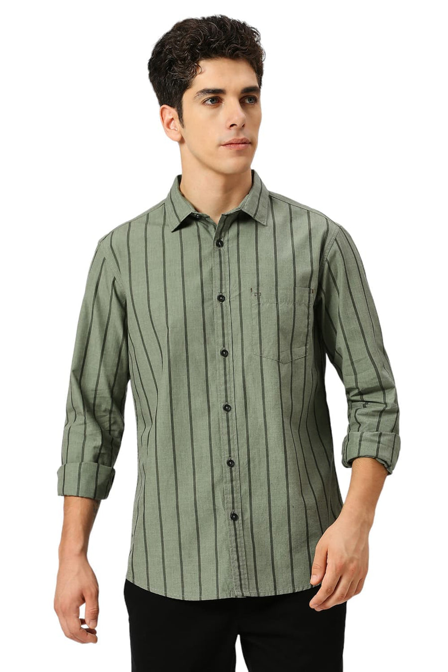 BASICS SLIM FIT SLATE OLIVE COTTON FIL-A-FIL STRIPE SHIRT